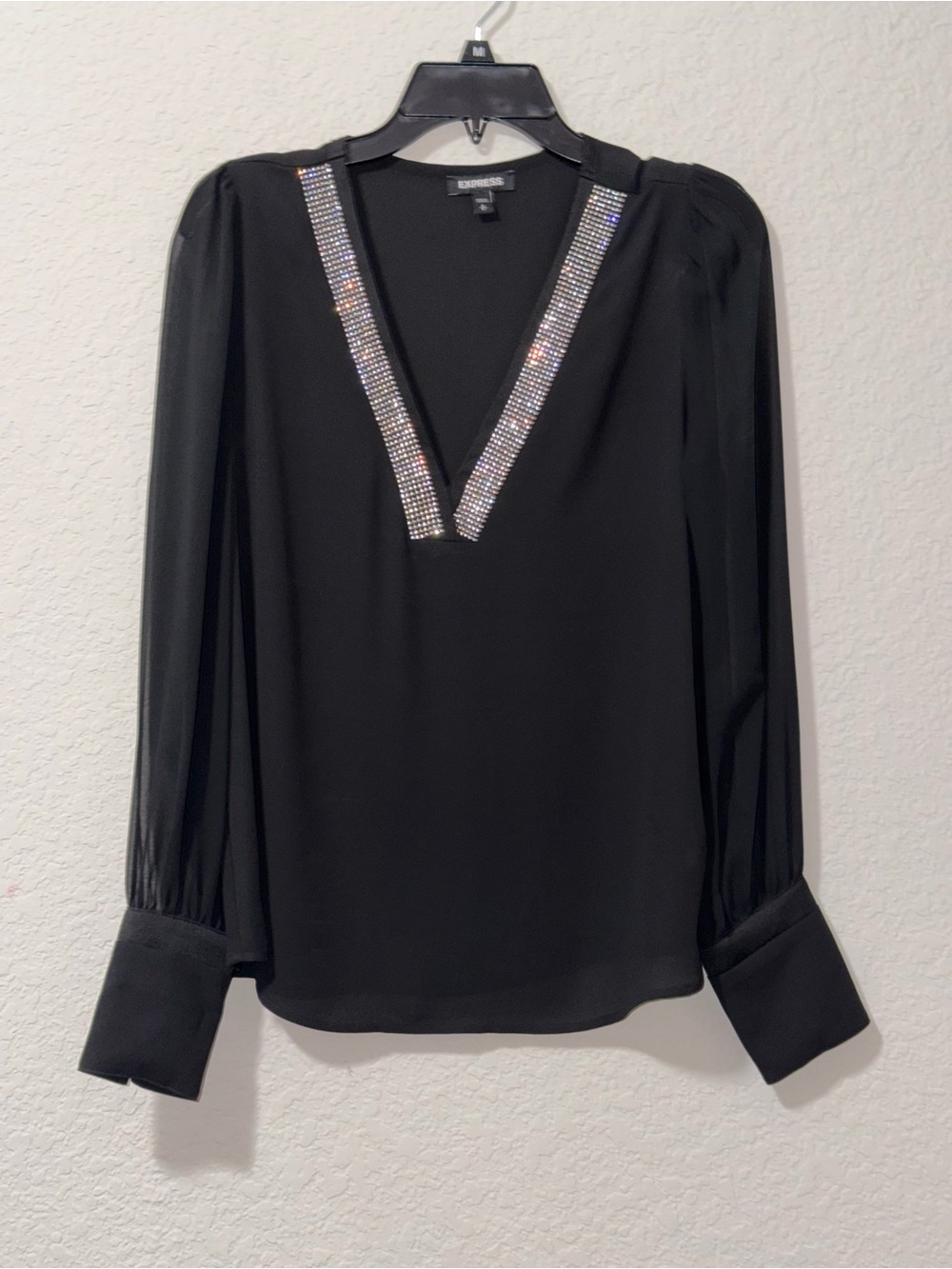 Express Black V-Neck Blouse with Rhinestone Trim